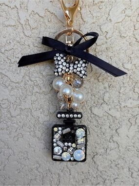 Luxe Crystal Bow & Pearl Perfume Bottle Keychain